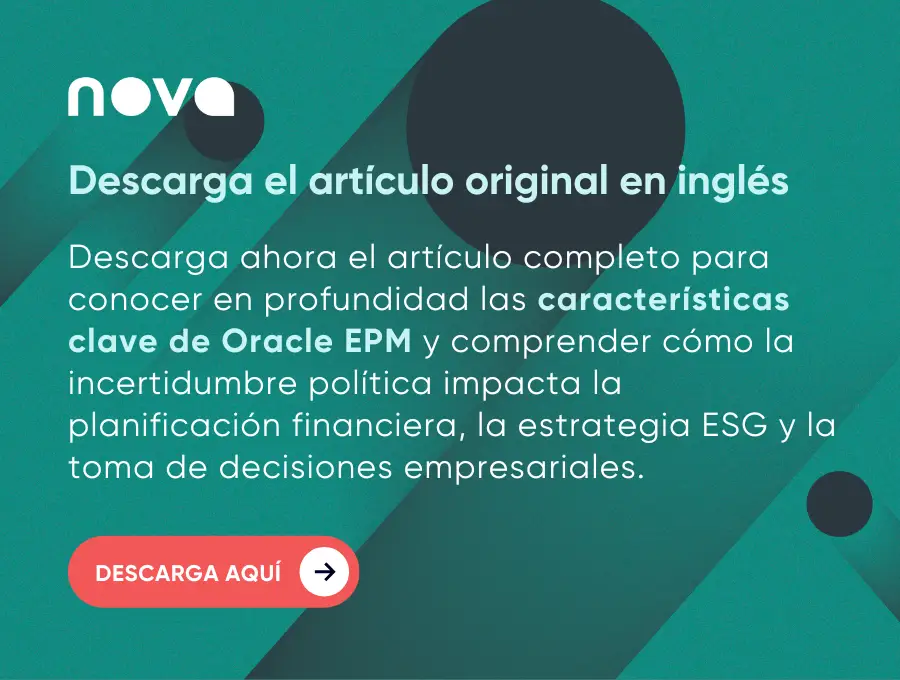 Gráfico NOVA teal, beneficios del artículo Oracle EPM, botón DESCARGA AQUÍ.