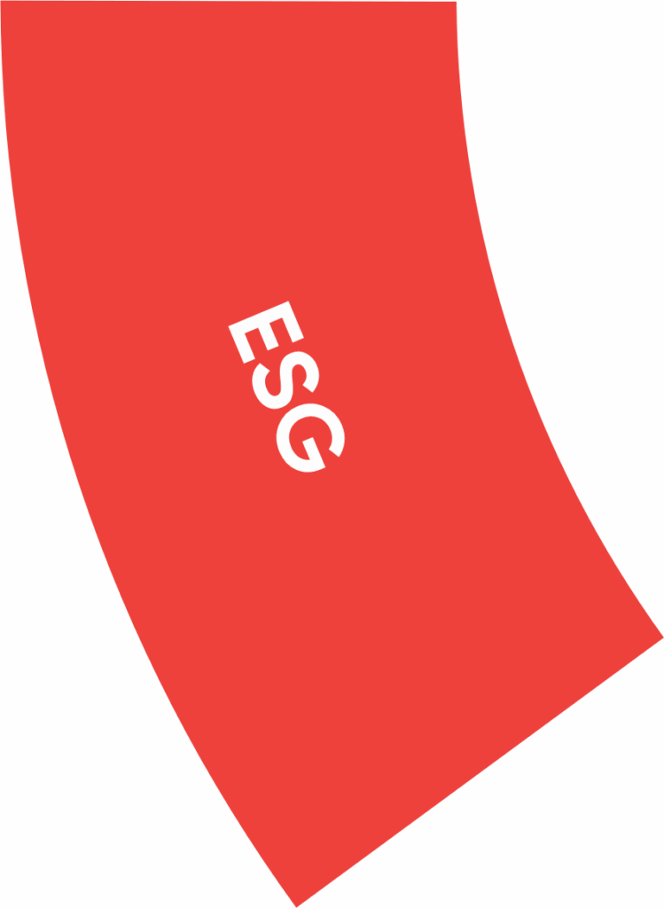 A red curved shape with white ESG letters, arranged diagonally.