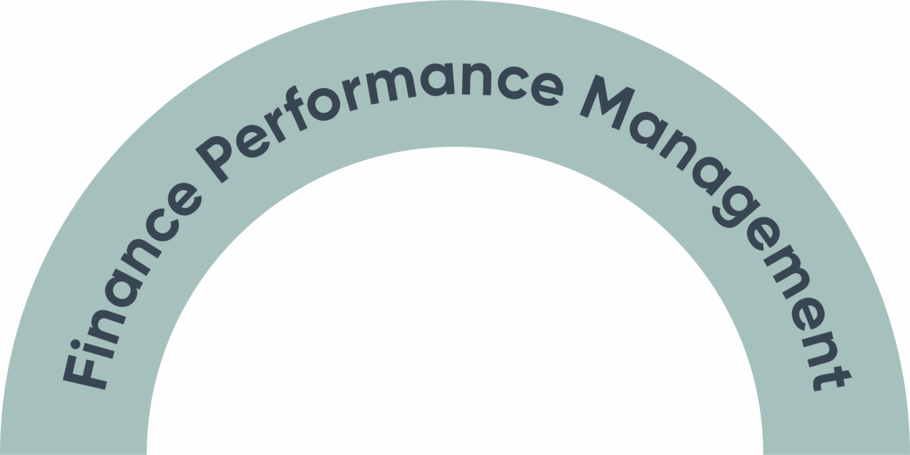 A curved banner with the text "Finance Performance Management" on a light blue background.