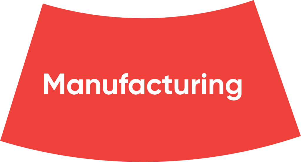 Curved red banner with bold white text centered: Manufacturing.