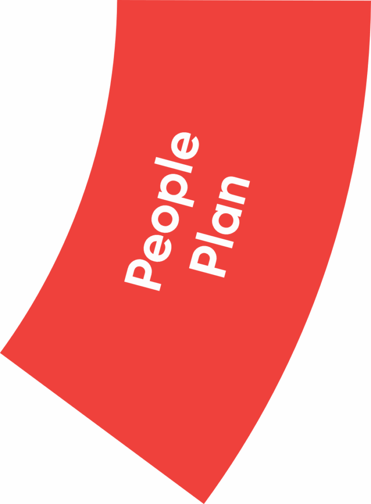 A red, curved shape rotated vertically with "Plan Personas" in white.