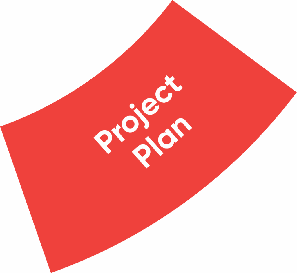 A red sheet of paper tilted diagonally with "Project Plan" written in white.